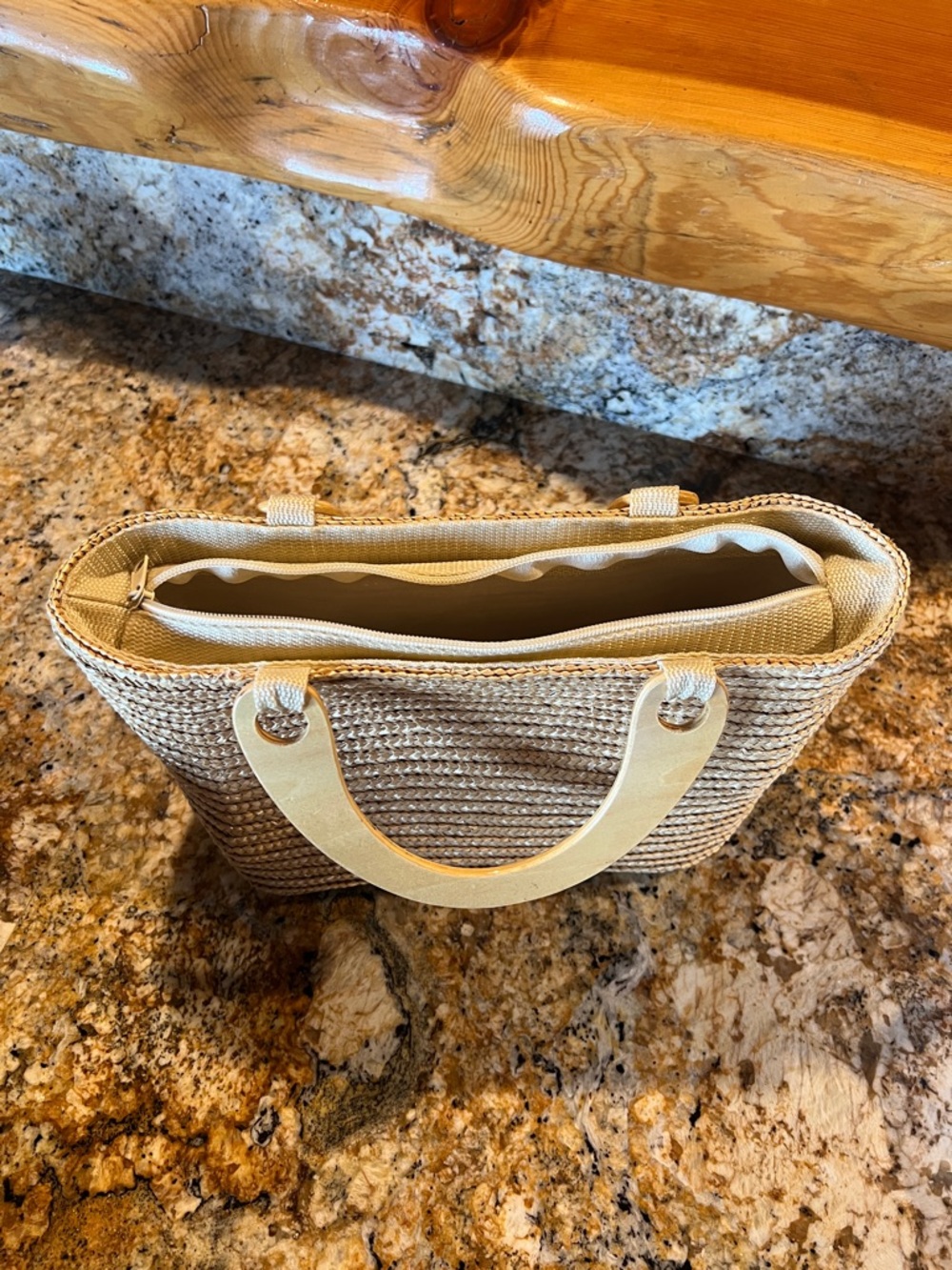 Woven Straw Tote Bag with Beige Handles - Picture 4 of 9